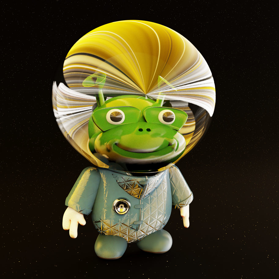 Cute alien creature wearing a space suit.